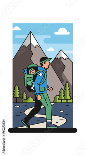 Father Hiking With Child In Backpack Scenic Mountain Landscape Adventure