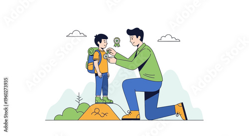 Father Presenting Achievement Award To Young Explorer With Backpack On Mountain