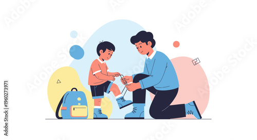 Father Teaching Son To Tie Shoelaces For School Adventures