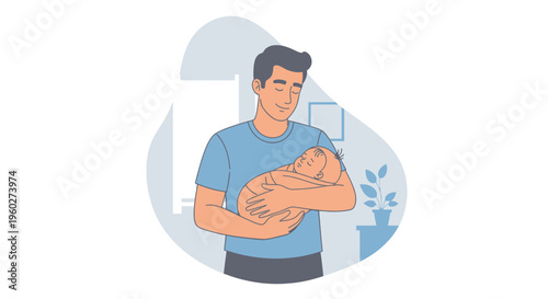 Father Tenderly Holds Sleeping Newborn Baby With Love And Care