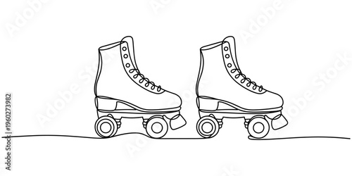 One single line drawing of pair of old retro plastic quad roller skate shoes. Trendy vintage classic sport concept continuous line draw. Vector black silhouette. with white background