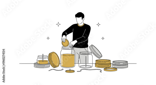 Financial Growth Concept Person Saving Coins Into Jars