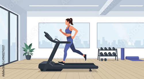 Fit Woman Cardio Workout On Treadmill In Modern Gym