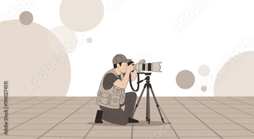 Focused Photographer Kneeling With Professional Camera On Tripod Capturing Moment