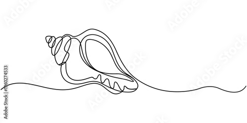 Continuous one line drawing of conch snail shell. Marine animal concept continuous line art. Single line art, One line art of a detailed clam shell, minimalist sea texture design, Oyster shells, pro.