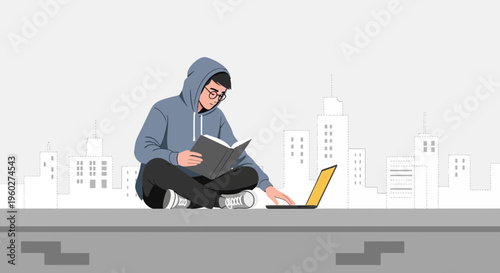 Focused Young Adult Reading And Using Laptop On Rooftop Cityscape