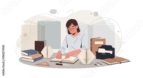 Focused Student Deeply Engaged in Study Amidst Stacked Books and Learning Materials