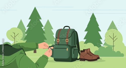 Forest Adventure Backpack And Hiking Boot Preparation