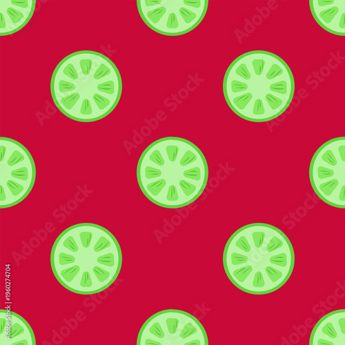 Seamless pattern of vibrant green lime slices on a bright red background, vector illustration.