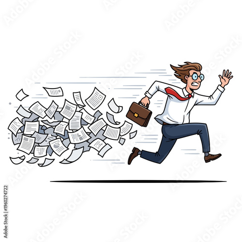 Frantic Businessman Chased By Flying Documents In A Hectic Chase For Deadlines