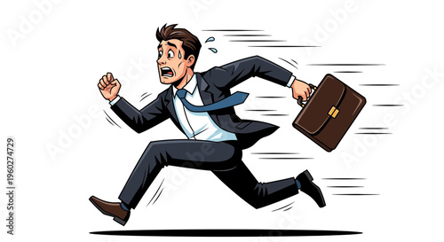 Frantic Businessman Running With Briefcase In Hasty Pursuit
