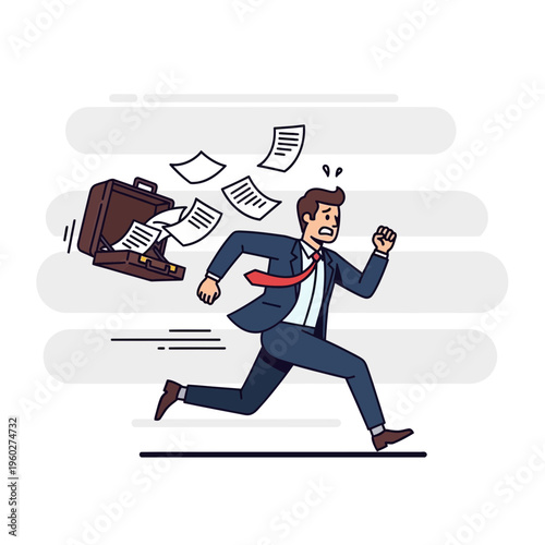 Frantic Businessman Running With Overflowing Briefcase In A Hectic Rush