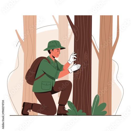 Forester Examining Tree Bark In A Forest Environment
