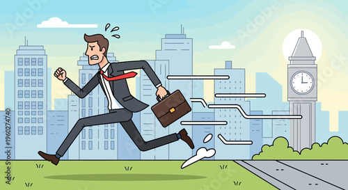 Frantic Businessman Rushing Through Cityscape Towards Clock Tower