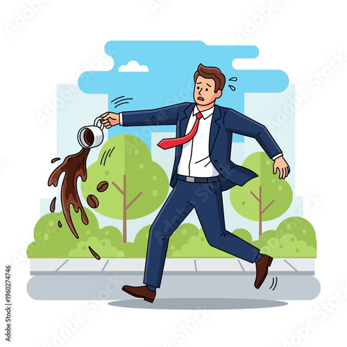 Frantic Businessman Spills Coffee While Rushing Through Park