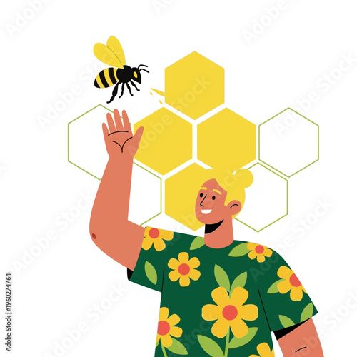 Friendly Bee Interaction With Person In Floral Shirt Near Honeycomb Structure