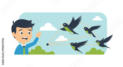 Friendly Boy Waving Hello To A Flock Of Birds Flying Overhead