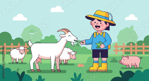 Friendly Farmer Feeds Adorable Goat On Picturesque Rural Farm Landscape