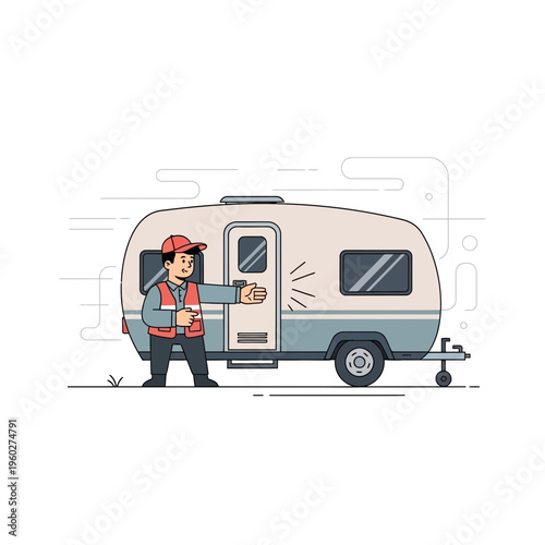 Friendly Delivery Person Offering Access To Modern Tiny House Trailer