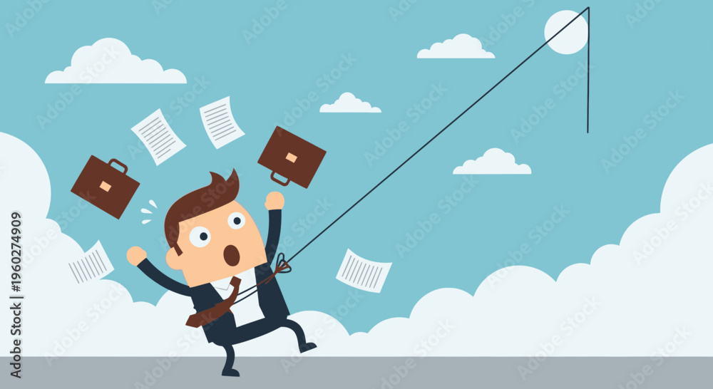 Naklejka premium Frustrated Businessman Falling From Heights With Scattered Documents and Briefcase