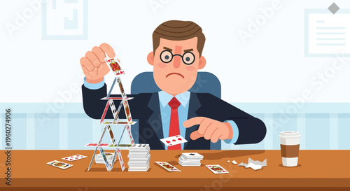 Frustrated Businessman Building Precarious Card Tower Near Coffee Cup