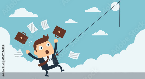 Frustrated Businessman Falling From Heights With Scattered Documents and Briefcase