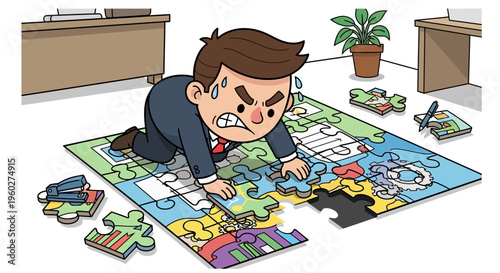 Frustrated Businessman Struggling With Office Puzzle Solution