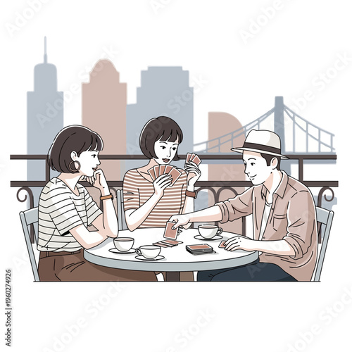 Friends Enjoying Card Games Outdoors With Cityscape Backdrop