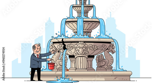 Frustrated Businessman Tries To Mend A Broken Fountain With A Bucket