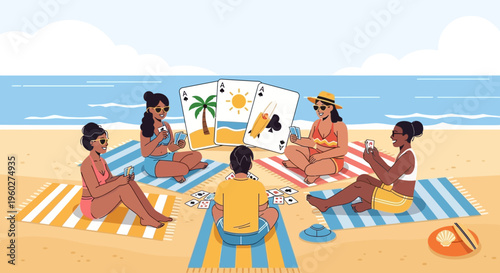 Friends Enjoying Card Games Together On A Sunny Beach Vacation