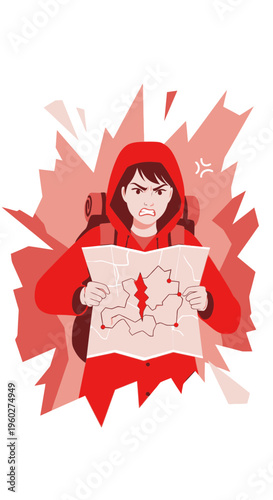 Frustrated Traveler Lost With Map Adventure Woes Red Hoodie Backpack Adventure Outdoors
