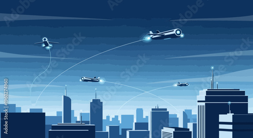 Futuristic Aerial Vehicles Navigating A Cyberpunk Cityscape At Dusk