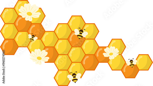Honeycomb Corner Design Illustration. Hexagonal Border with Honey, Bee, Flower Vector Isolated