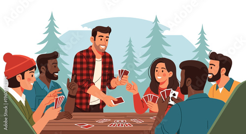 Friends Gathered Playing Cards Outdoors In A Forest Setting