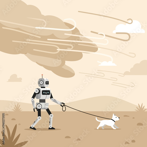 Futuristic Robot Companion Walking Adorable Dog In A Stylized Dusty Landscape