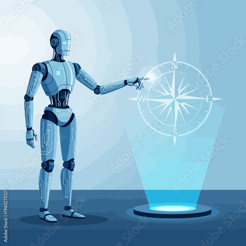 Futuristic Robot Navigates Digital Compass Interface For Advanced Guidance