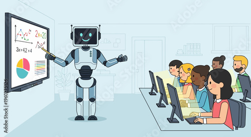 Futuristic Robot Teacher Instructing Diverse Students in Modern Classroom