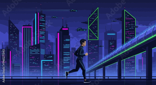 Futuristic Runner Embraces Neon Cityscape at Dusk