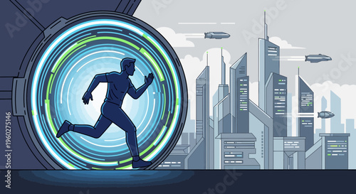 Futuristic Runner Enters A SciFi Portal Towards A Cyberpunk Cityscape