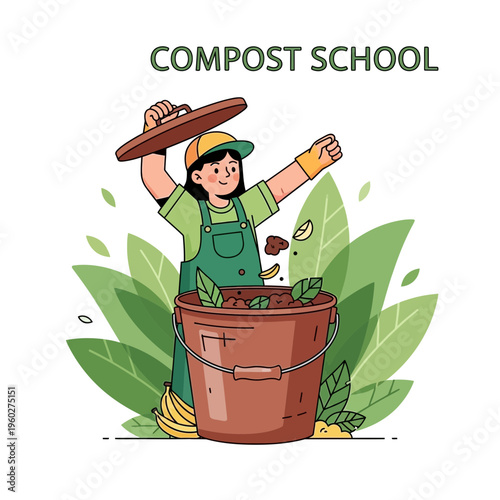 Gardener Adding Organic Matter To Compost Bin Educational And Engaging Illustration