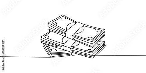 stacks of one hundred dollar bills continuous one line drawing, self drawing of continuous line draw stacks of one hundred dollar bills, minimalist vector illustration, Full length.