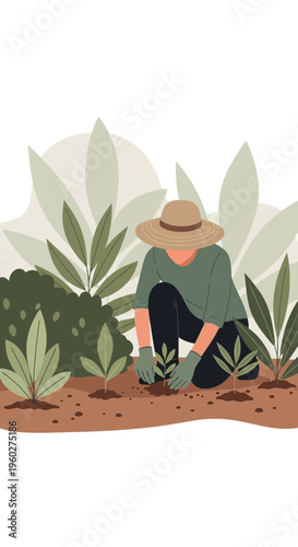 Gardener Carefully Planting Seedlings in Lush Greenery and Fertile Soil