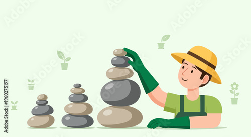 Gardener Carefully Stacks Smooth Stones To Represent Growth And Balance