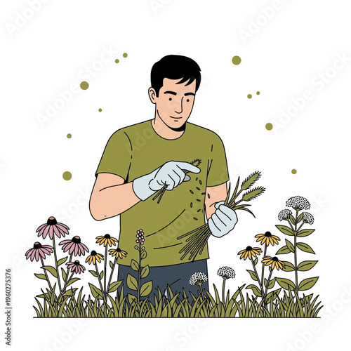 Gardener Man Tending To Blooming Wildflowers In A Lush Garden