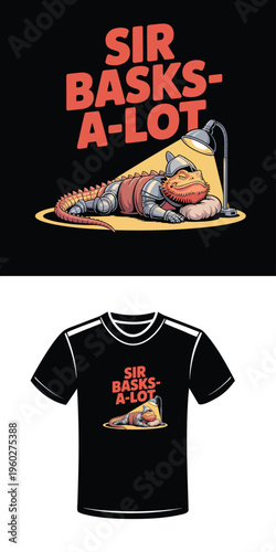 Bearded dragon knight in armor sleeping under a desk lamp with text lizard reptile