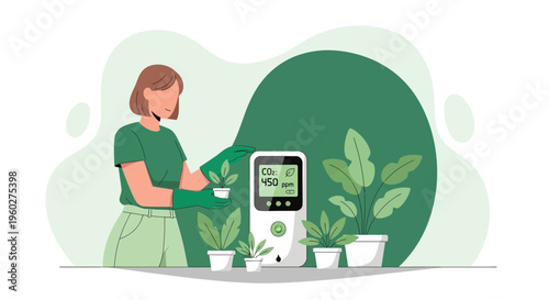 Gardener Monitoring Plant Growth With Advanced Co2 Measurement Device