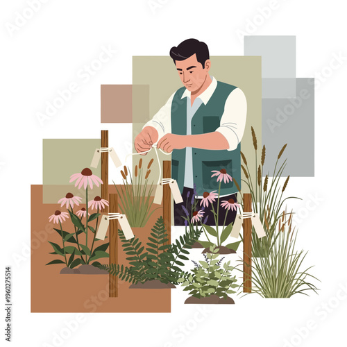 Gardener Nurturing Plants With Supportive Structures and Natural Elements