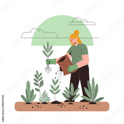 Gardener Nurturing Young Plants With Fertilizer In A Conceptual Garden Setting