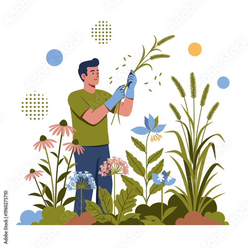 Gardener Pruning Plants In A Vibrant Botanical Garden Scene