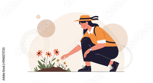 Gardener Tending To Blooming Flowers In A Serene Outdoor Setting